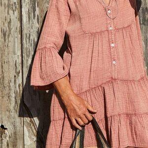 Faherty Kasey dream cotton gauze tiered mini dress dusty rose size M. 100%cotton